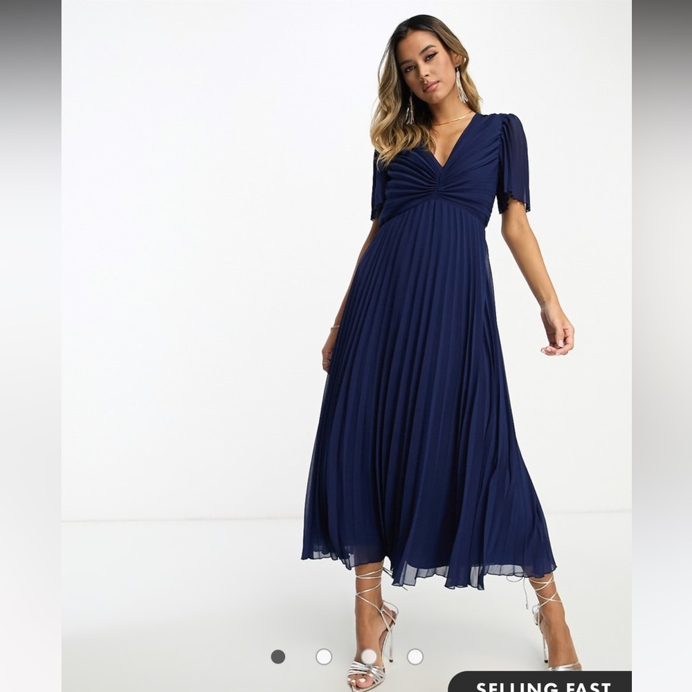 ASOS DESIGN pleated bodice flutter sleeve pleat midi dress in navy